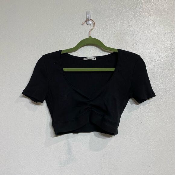 Zara Black V-Neck Ribbed Ruched Crop Top Sz M - Picture 1 of 8